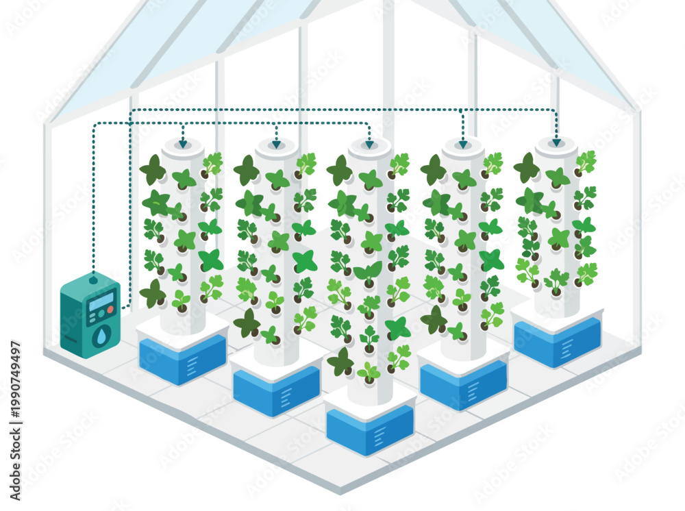 Fototapeta premium Isometric smart agriculture illustration depicting a vertical hydroponic farm with a state-of-the-art watering system