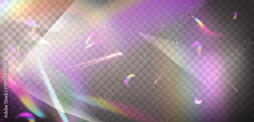 Holographic light prism effect, transparent background. Iridescent rainbow overlay, abstract glow texture, modern design element