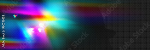 Vibrant rainbow light effect, dark background. Colorful abstract glow, blurred texture overlay, modern visual design element