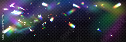 Vibrant rainbow light sparks, dark background. Colorful holographic reflections, abstract glow effect, iridescent texture overlay, festive celebration element