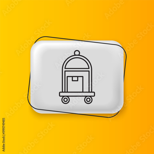 Black Hotel luggage cart with suitcase icon isolated on yellow background. Traveling baggage sign. Travel luggage icon. Silver rectangle button. Vector