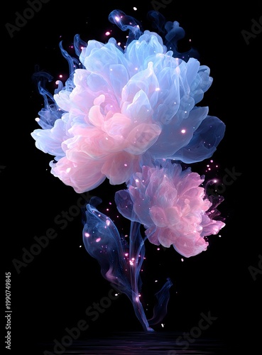 Two ethereal, glowing flowers bloom from swirling, smoky stems against a stark black backdrop