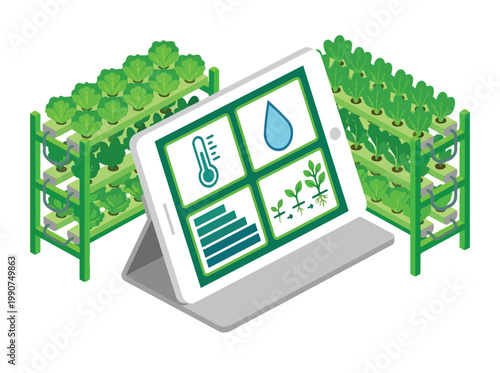 Smart agriculture concept with isometric laptop showing farming metrics in a modern greenhouse setup with lush green plants.