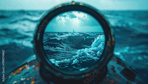 View of a sailboat through a periscope at sea.