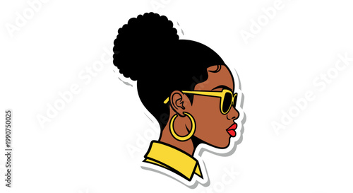 Stylish Black Woman Profile Vector Illustration Featuring Afro Hairstyle and Yellow Sunglasses for Fashion Design