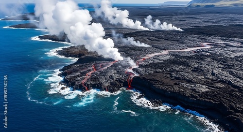 Aerial view of volcanic eruption with lava flowing into the ocean