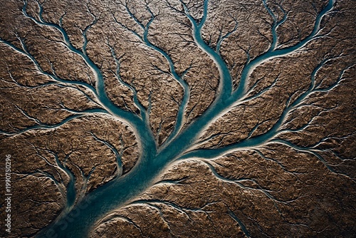Aerial view of a river delta with multiple branches flowing through a dry landscape