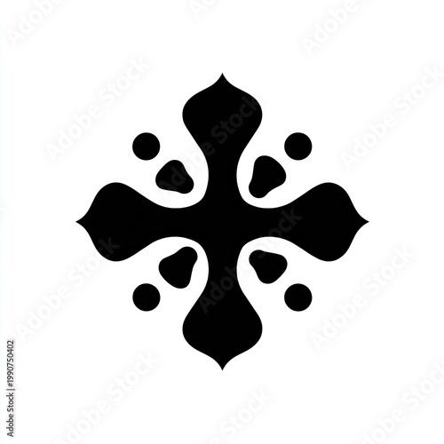 A symmetrical black cross-like shape with rounded lobes and smaller surrounding forms on white