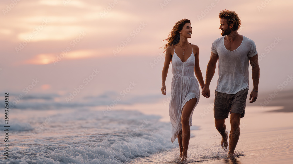 Fototapeta premium Romantic couple walking along a tranquil beach at sunset, holding hands, sharing a tender moment, embracing love, freedom, and vacation intimacy