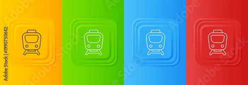 White Train icon isolated on colorful background. Public transportation symbol. Subway train transport. Metro underground. Set icons in square buttons. Vector