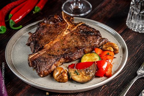 Obraz na płótnie Grilled t bone steak with vegetables and wine
