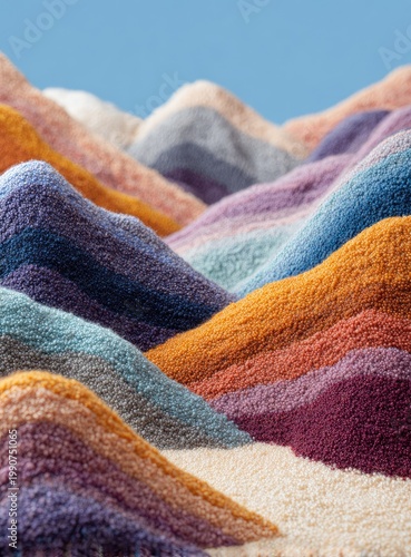 Abstract, layered textile forms resemble colorful, rolling hills with a light blue sky