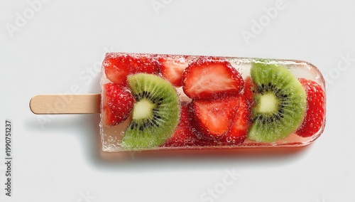 Translucent frozen pop filled with strawberry slices and kiwi rounds