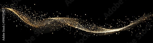 Golden, shimmering particles and waves flow across a black background