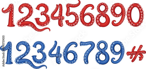 Collection of Numbers Designed with Octopus Tentacles, Featuring Red and Blue Versions with Creative Tentacle Wrapping