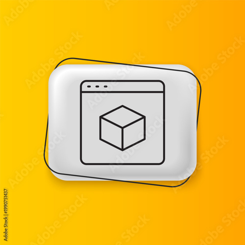 Black 3D printer icon isolated on yellow background. 3d printing. Silver rectangle button. Vector