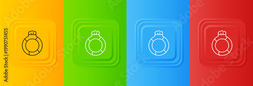 White Fantasy magic stone ring with gem icon isolated on colorful background. Set icons in square buttons. Vector