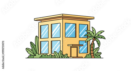 Small yellow building with windows.