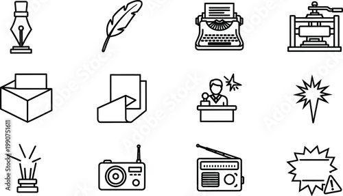 Vintage writing publishing tools set editable stroke vector illustration for design projects