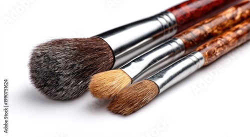 Three cosmetic brushes with patterned handles and metal ferrules on white