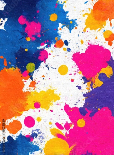 Colorful watercolor abstract with splatters of blue, orange, yellow, pink, and purple