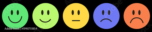 Set of colorful emotion faces showing happy, smiling, neutral and sad moods in a simple round icon style on a black background. Bright expressive symbols for feedback, rating, satisfaction and mood sc