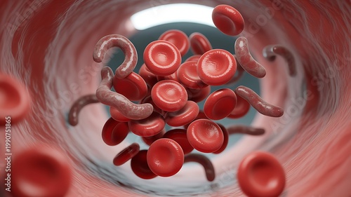 Microscopic view of red blood cells including normal and sickle shapes within a vessel
