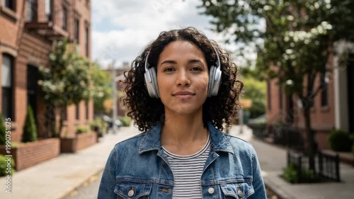 Confident Young Woman Walking In Sunny City Enjoying Music With Headphones. Sunny Day And Music Lover Help Anchor The Subject Framing