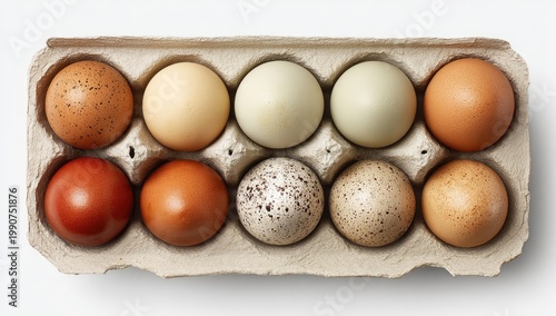 Ten assorted brown, white, speckled, and reddish eggs in a carton