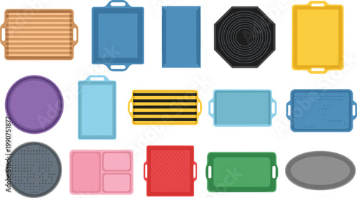 Collection of Various Trays in Different Shapes, Sizes, and Colors, Including Rectangular, Round, and Multi-Compartment Designs
