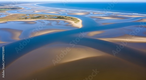 Aerial view of a winding river delta with sandy shores and blue water