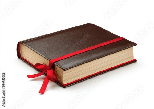 A closed, dark brown book with a red ribbon tied in a bow around it