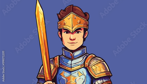 Illustration of a Young Knight with Golden Sword and Armor.