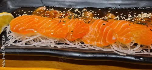 sushi in a plate, sashimi at restaurant