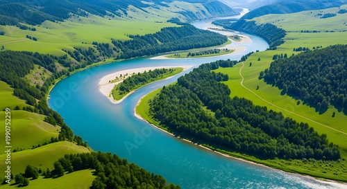 Aerial view of a winding river through green landscapes and forests