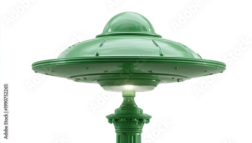 Gleaming green flying saucer atop ornate pedestal, glowing light emanates