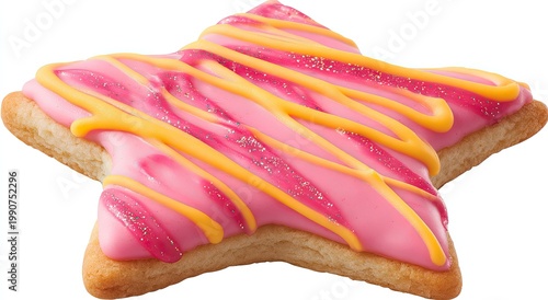 A star-shaped cookie frosted with pink icing, drizzled with yellow, and sprinkled with glitter