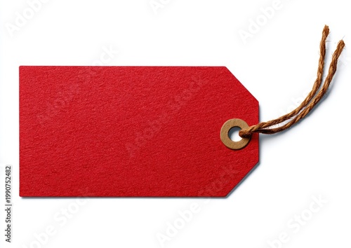 Crimson paper tag with reinforced hole and twine, isolated on white