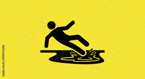 Person slipping and falling on a wet floor, black icon on a bright yellow background, caution warning sign