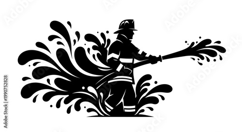 Dynamic Silhouette of a Firefighter Spraying Water from a Hose to Extinguish a Fire, isolated white background.