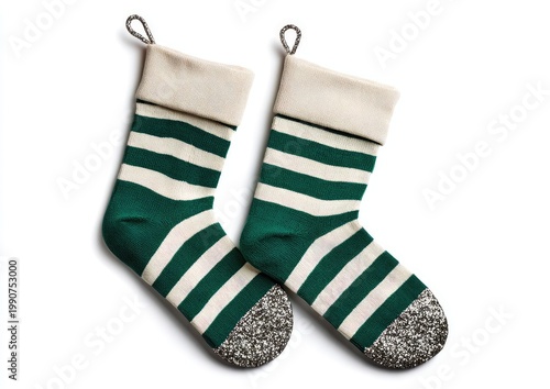 Two striped Christmas stockings with grey speckled toes and white cuffs