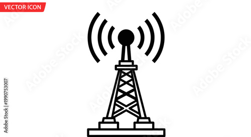 Communication antenna tower sending wireless signals, isolated white background.