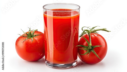 Tall glass of vibrant red tomato juice with two fresh tomatoes