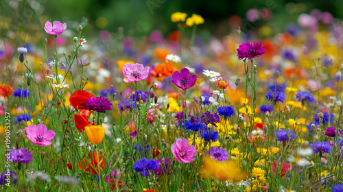 Vibrant wildflower meadow with colorful poppies, cornflowers and daisies in summer sunshine