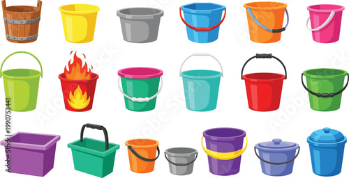 Collection of Various Buckets in Different Colors, Shapes, and Styles, Including Utility and Fire-Resistant Buckets