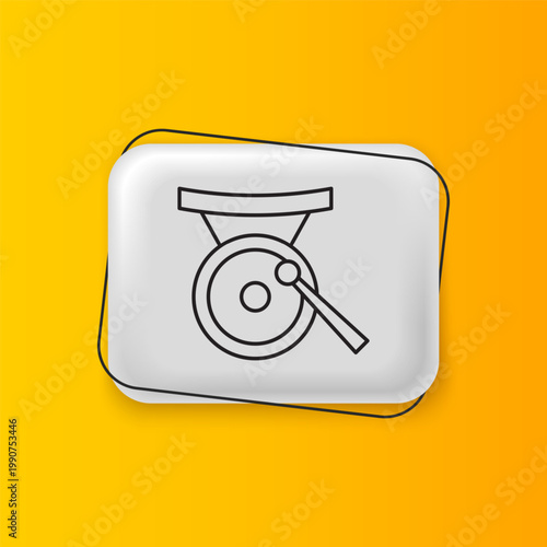 Black Gong musical percussion instrument circular metal disc and hammer icon isolated on yellow background. Silver rectangle button. Vector