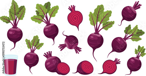 Collection of Fresh Beetroots and Beetroot Slices with a Glass of Beetroot Juice for Healthy Eating Concepts