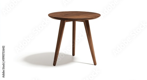 Round wooden side table with three tapered legs, casting a subtle shadow