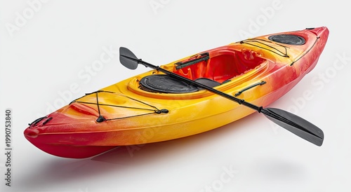 A vibrant, solo watercraft with a paddle, resting on a neutral surface