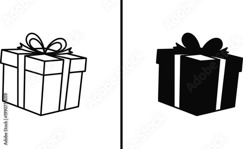 A black and white illustration of two gift boxes with ribbons